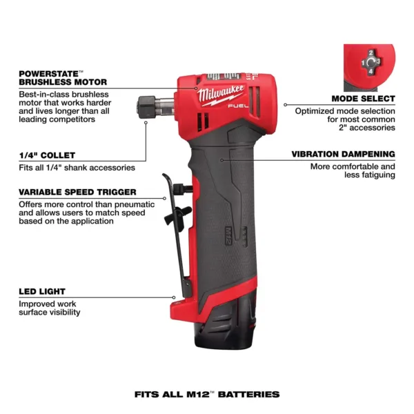 Milwaukee 2485-22 M12 FUEL Lithium-Ion Right Angle Die Grinder Kit