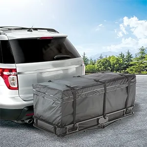Vehicle on road using a Reese trailer hitch with a hitch mount cargo basket and cargo bag