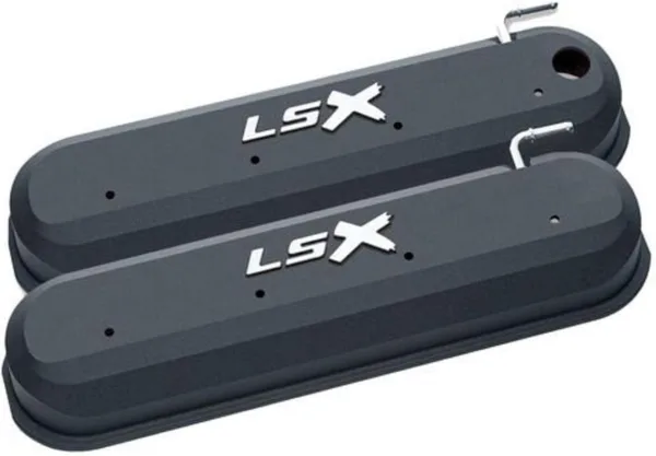 ProForm Pro Form Valve Cover, Slant-Edge, Tall, Baffled, Breather Hole, Raised LSX Logo, Aluminum, Black, GM LS-Series, Pair