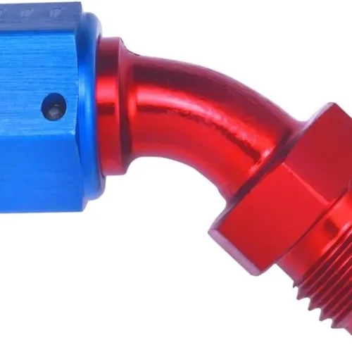 Aeroquip FBM3148 45 deg. Male To Female Swivel Flare -6AN Dash Size x -6AN Dash Size Aluminum Red/Blue Anodized Bulk Packaged 45