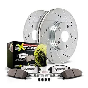 rotor and pad kit, drilled and slotted rotors, ceramic pads, carbon-fiber pads