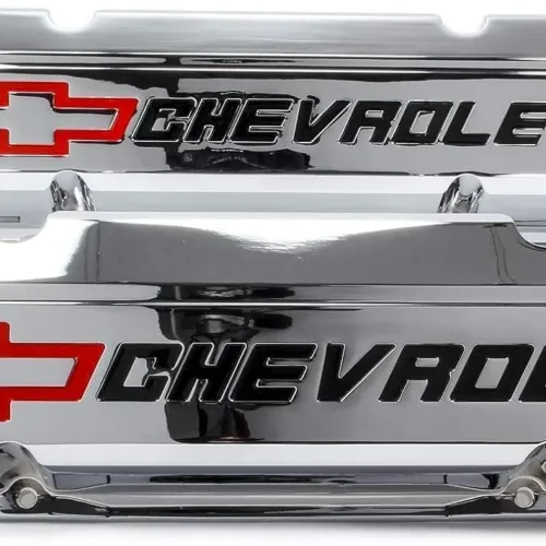 ProForm 141-930 Valve Cover, Slant-Edge, Tall, Baffled, Breather Hole, Recessed Chevrolet Bowtie Logo, Aluminum, Chrome, Small