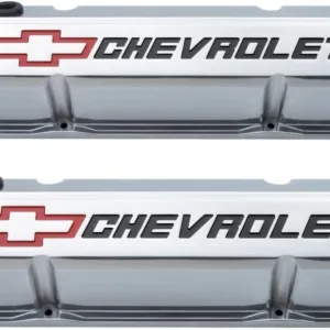 ProForm Valve Cover, Slant-Edge, Tall, Baffled, Breather Hole, Recessed Chevrolet Bowtie Logo, Aluminum, Polished, Small Block