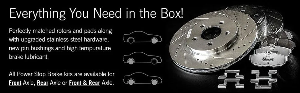 front brakes, rear brakes, front and rear brakes, stainless steel hardware, rotors and brake pads