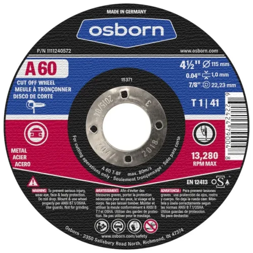 Osborn 1111251572 Cutting/Cut-Off Disc, T01, 4-1/2″ x 0.045″ x 7/8″, A+ 60, Advanced Aluminum Oxide, 13280 Max RPM, 4.5″