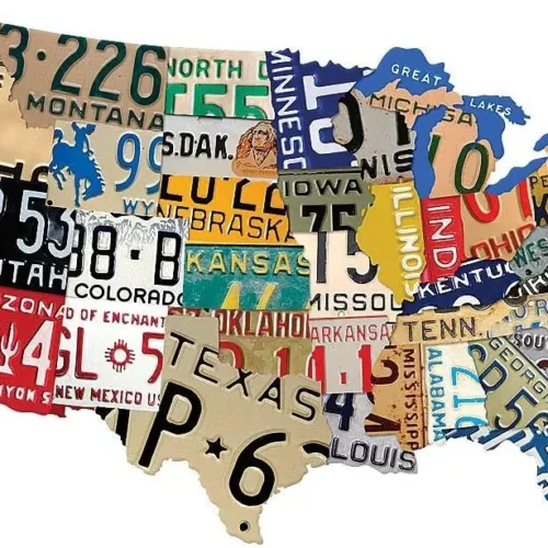 Past Time Signs (PS063) License Plate USA Map Die-Cut Steel Sign 35″ x 21″