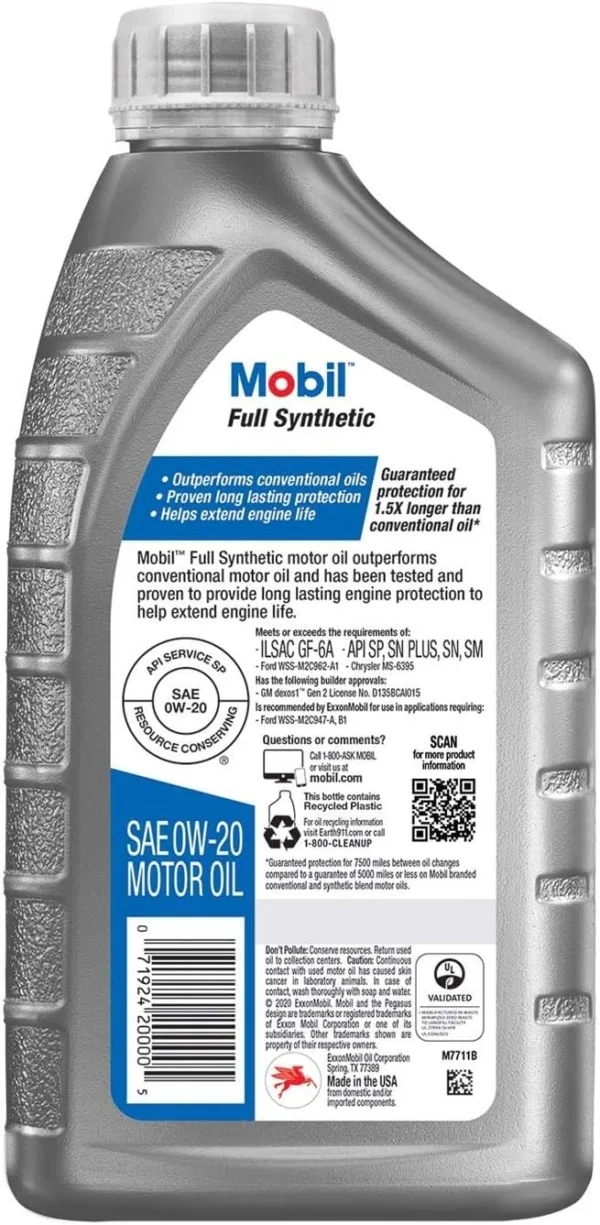 Mobil Full Synthetic Motor Oil 0W-20, 1 Quart - Image 2