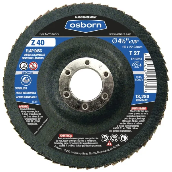 Osborn, Type 27, 4-1/2" Flap Disc, Zirconia, 7/8" Arbor Hole, 40 Grit