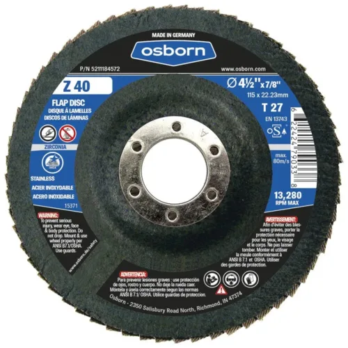 Osborn, Type 27, 4-1/2″ Flap Disc, Zirconia, 7/8″ Arbor Hole, 40 Grit