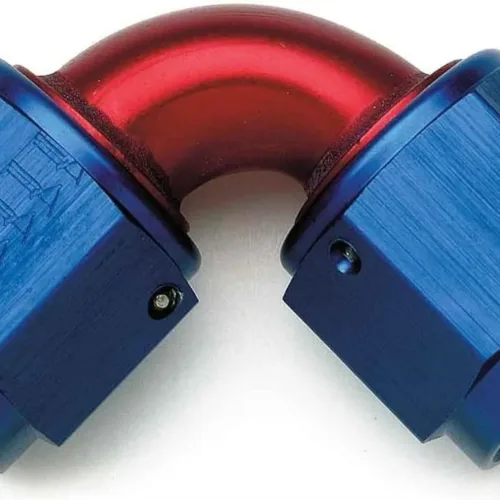 Aeroquip FBM2979 90 deg. Female Flare Swivel -08AN Dash x -08AN Dash Aluminum Red/Blue Anodized Bulk Packaged 90 deg. Female