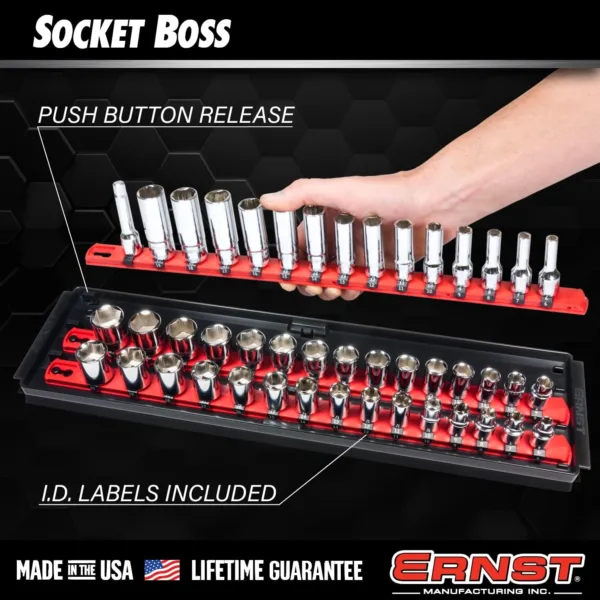 Ernst Manufacturing Socket Boss 2-Rail 3/8-Inch-Drive Socket Organizer, 13-Inch, Red (8493) - Image 3