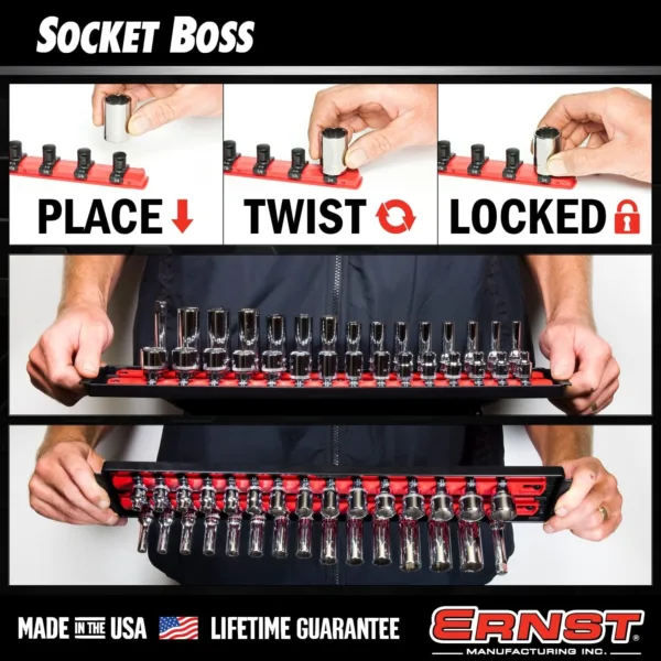 Ernst Manufacturing Socket Boss 2-Rail 3/8-Inch-Drive Socket Organizer, 13-Inch, Red (8493) - Image 4