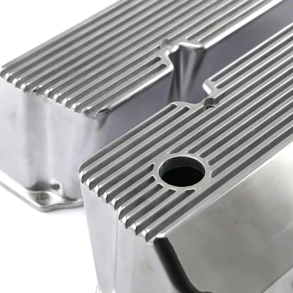 Speedmaster PCE314.1088.08 Fits Ford 302 351C Cleveland Polished Aluminum Finned Valve Covers - Tall w/Hole - Image 2