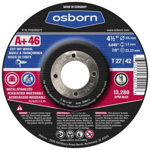 Osborn 1113251572 Cutting/Cut-Off Disc, T27, 4-1/2″ x 0.045″ x 7/8″, A+ 60, Advanced Aluminum Oxide, 13280 RPM, 4.5″ Diameter,