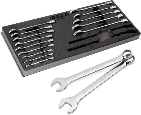 Powerbuilt 16 Piece Combination Metric Wrench Set, Box and Open End, Pro Tech Tool Series, Organization Tray - 949001